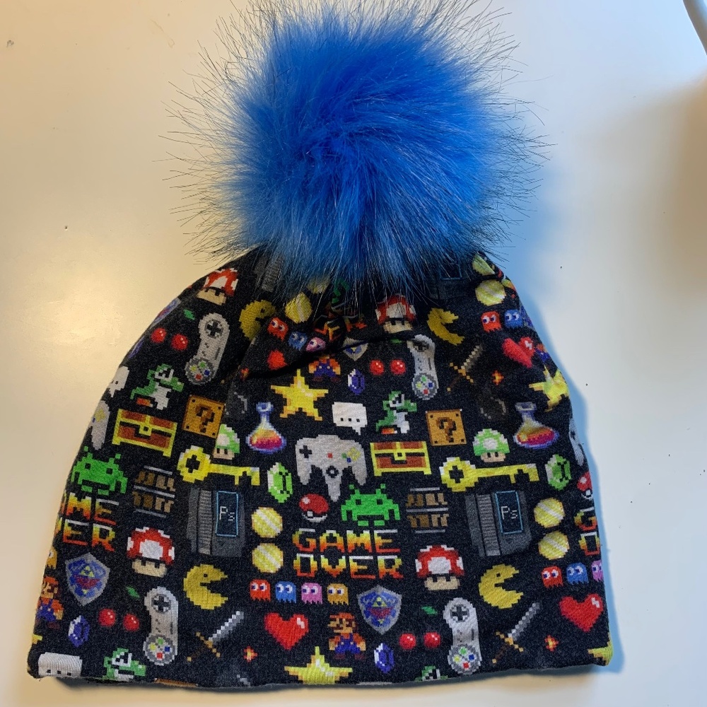Retro Gamer Beanie with Blue Pom Pom |‎ Soft Lined | Kids / Small Head